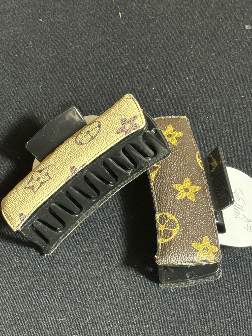 NWT Faux Leather Monogram Hair Claw Clip Pair Dark Brown & Cream/Beige